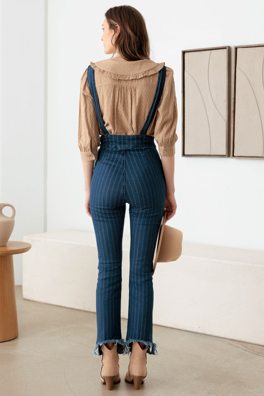 Fresh Take on Stripes Suspender Overalls in Dark Wash Denim