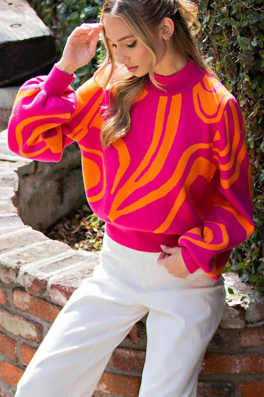 Abstract Print Mock Neck Sweater in Hot Pink & Camel