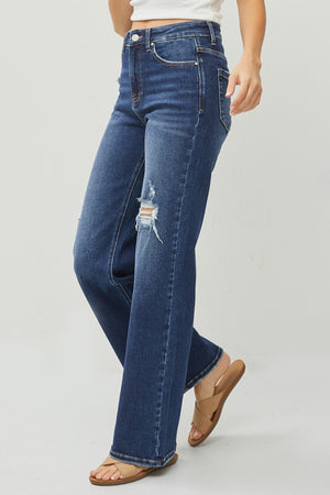 High Times Distressed Wide Leg Jeans in Dark Wash