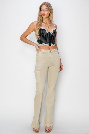 Cargo Pockets & Side Slits High Rise Bootcut Jeans in Stone