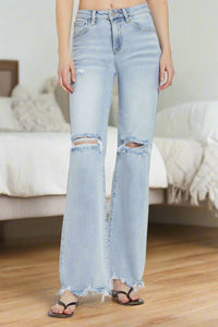 Maisie High Rise Distressed Wide Leg Jeans in Light Wash