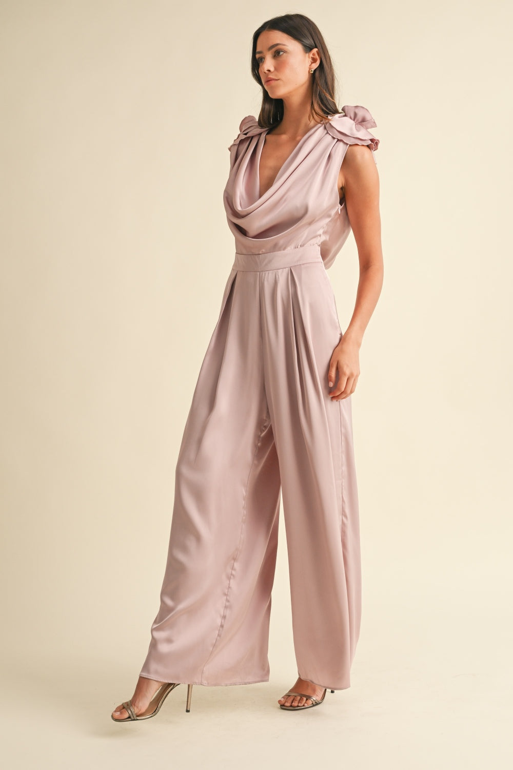 Antoinette Floral Detail Deep Cowl Neck Jumpsuit in Dusty Mauve