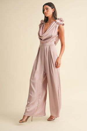 Antoinette Floral Detail Deep Cowl Neck Jumpsuit in Dusty Mauve