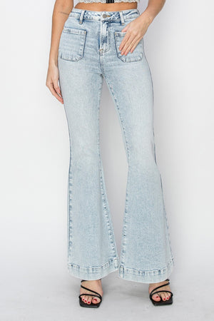 Front Patch Pocket High Rise Flare Jeans in Acid Light