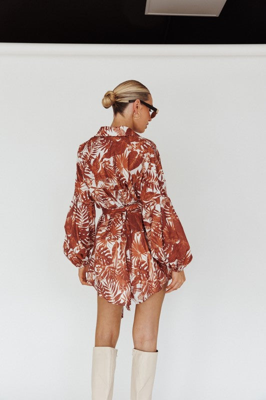 Fallen Leaf Print Puff Sleeve Romper