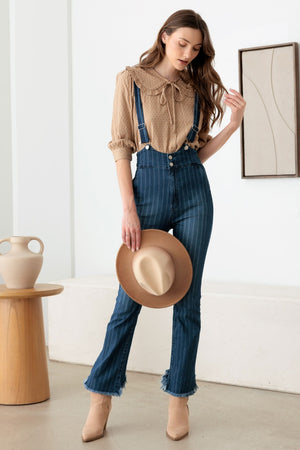 Fresh Take on Stripes Suspender Overalls in Dark Wash Denim