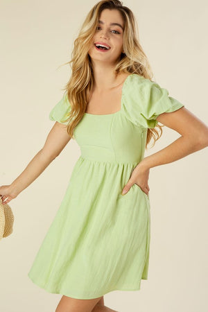 Bella Puff Sleeve Dress with Tie in Green