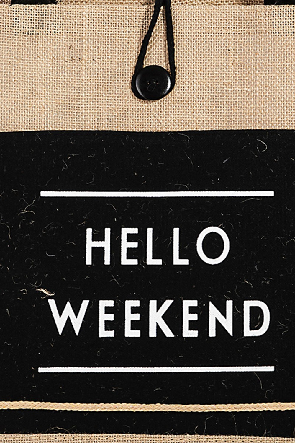 Hello Weekend Burlap Tote Bag in Black, Pink, & Ivory