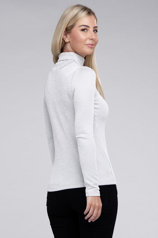 Wardrobe Essential Ribbed Turtle Neck Top in Light Grey & Sand Beige