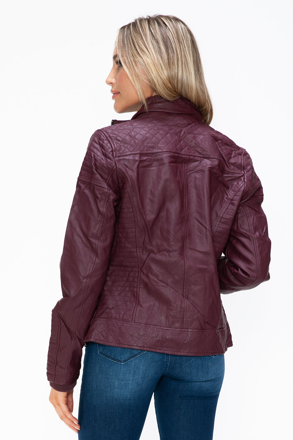 Rebel Chic Faux Leather Moto Jacket with Removable Fuzzy Hood in Wine