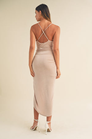 Elegantly Draped Ruched Cami Midi Dress in Light Mauve