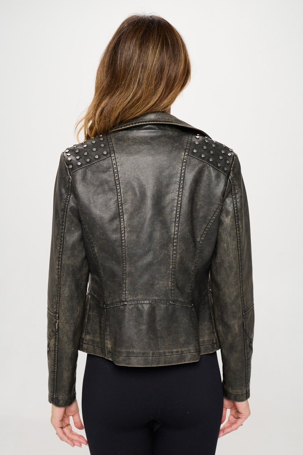 Rock The Studs Moto Vegan Leather Jacket in Ash Brown