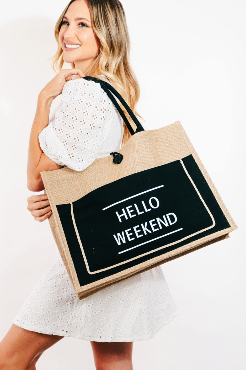 Hello Weekend Burlap Tote Bag in Black, Pink, & Ivory