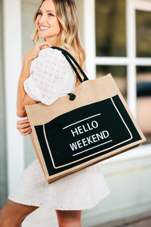 Hello Weekend Burlap Tote Bag in Black, Pink, & Ivory