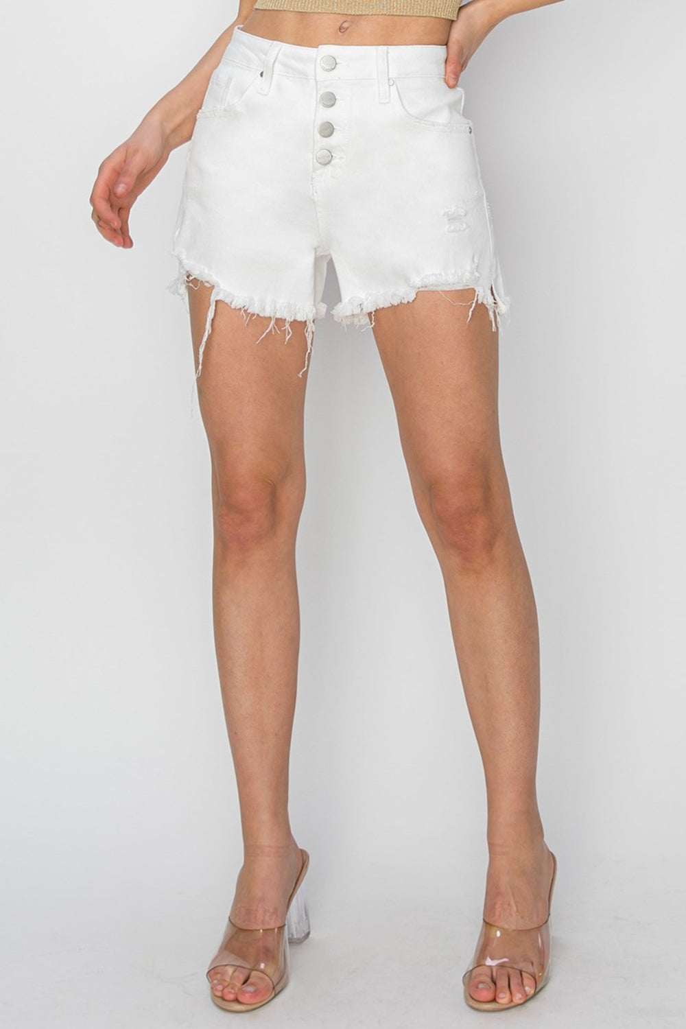 Keep It Crisp Button Fly Frayed Hem Denim Shorts in White