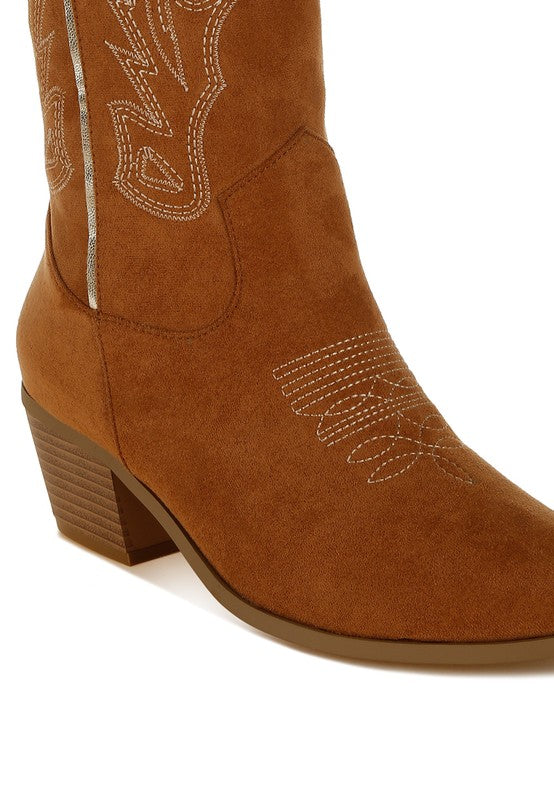 Metallic Detail Embroidery Cowboy Boots in Tan, Black, & Beige