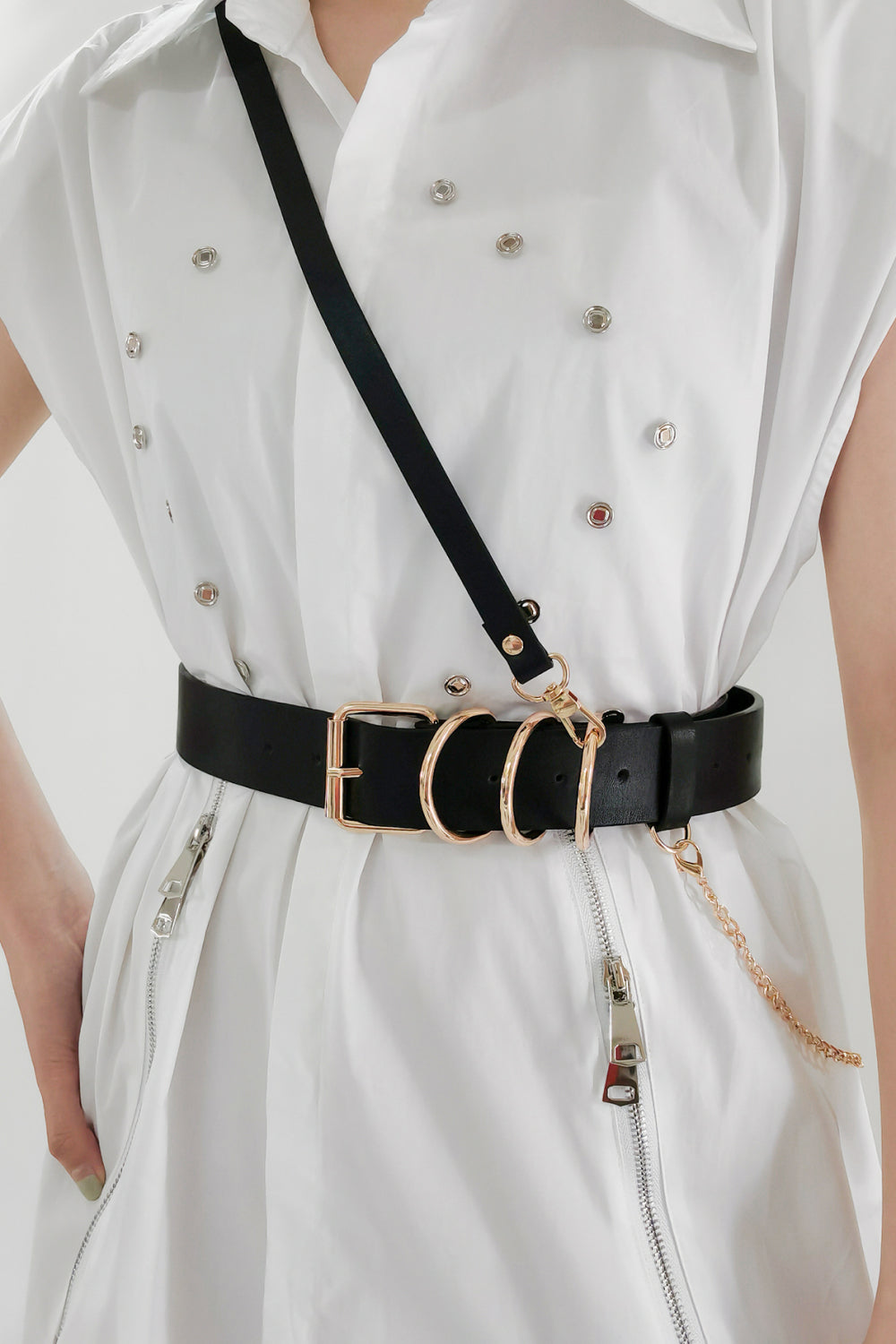 Ring Power Faux Leather Harness Belt in Black/Gold & Black/Silver