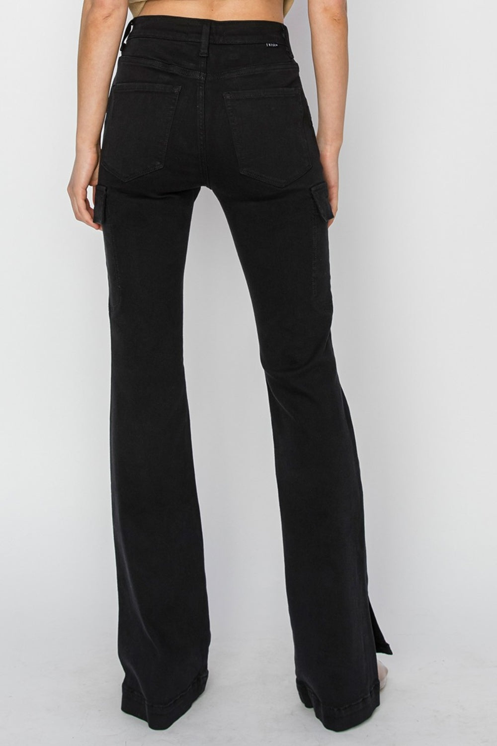 Cargo Pockets & Side Slits High Rise Bootcut Jeans in Black