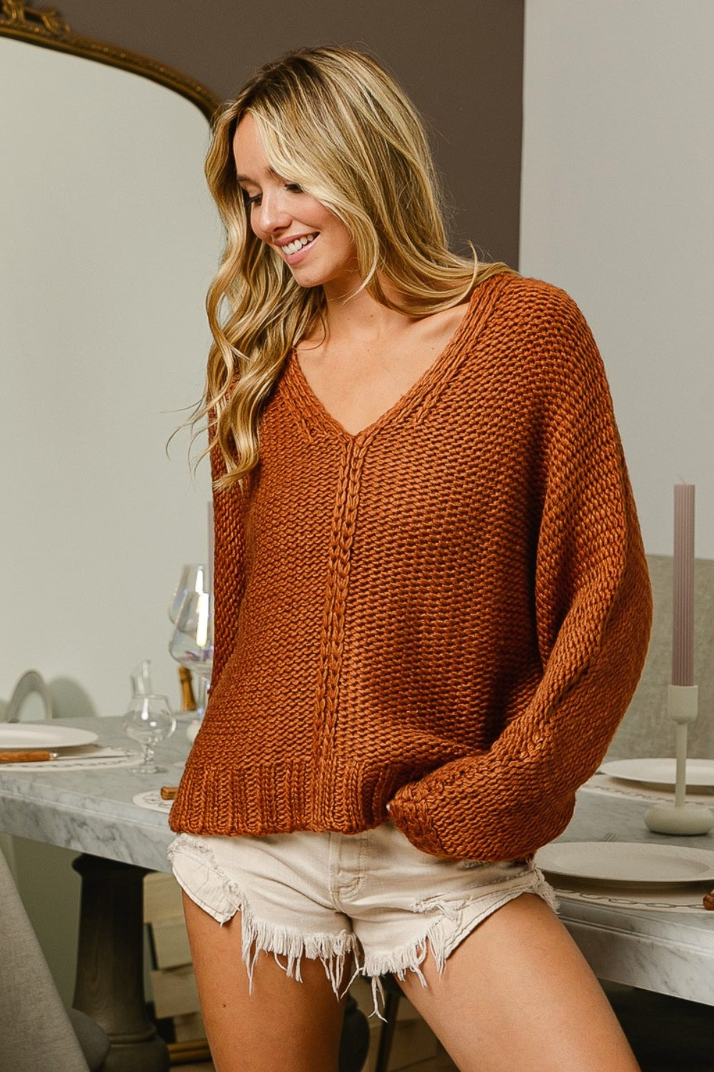 Nikki Classic V-Neck Cable Knit Sweater in Cinnamon