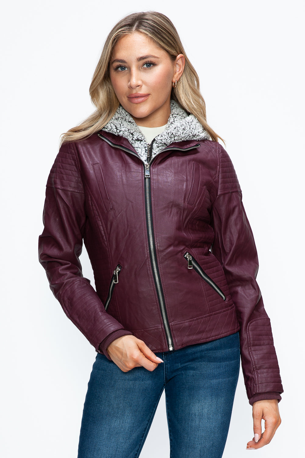 Rebel Chic Faux Leather Moto Jacket with Removable Fuzzy Hood in Wine