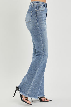 Untamed Raw Hem High Rise Flare Jeans in Medium Wash