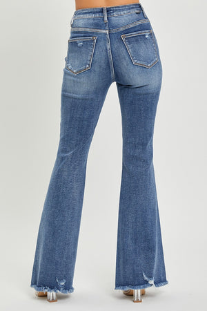 Chic Vibes High Rise Distressed Flare Jeans in Medium Wash