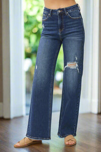 High Times Distressed Wide Leg Jeans in Dark Wash