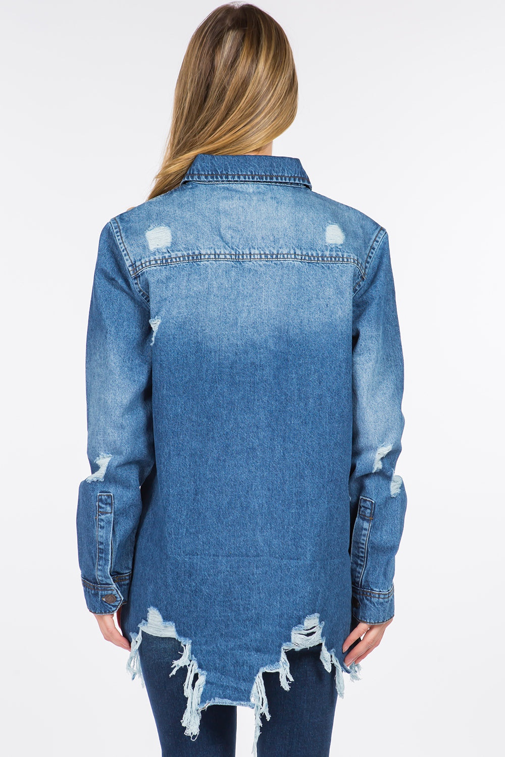 Distressed Button Down Denim Jacket in Blue