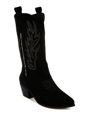 Metallic Detail Embroidery Cowboy Boots in Tan, Black, & Beige