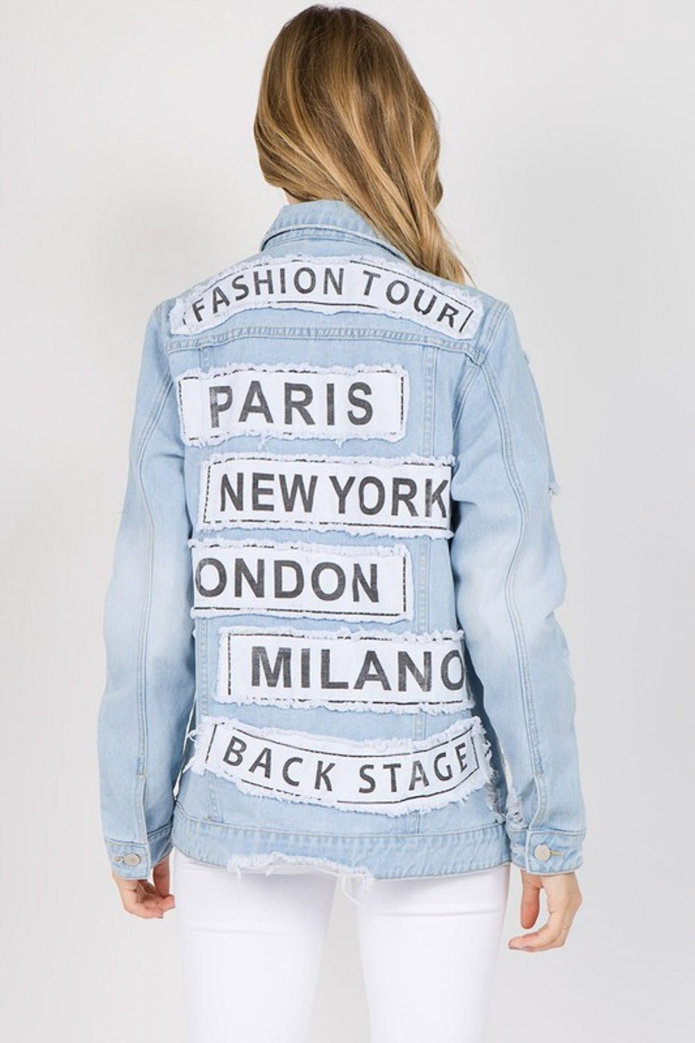 Fashion Tour Distressed Denim Jacket in Light Blue