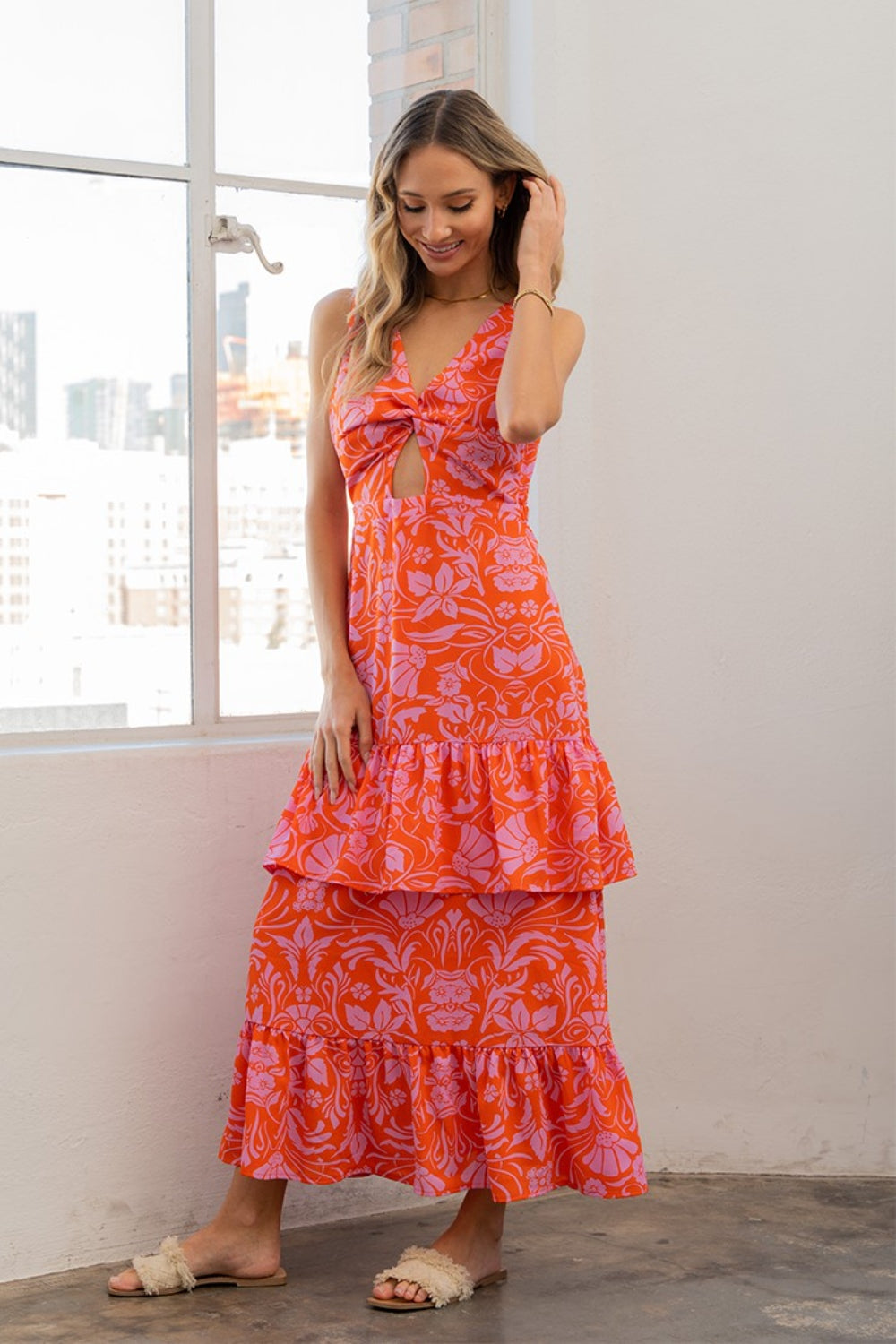 Ruffled Floral Maxi Dress in Orange/Violet