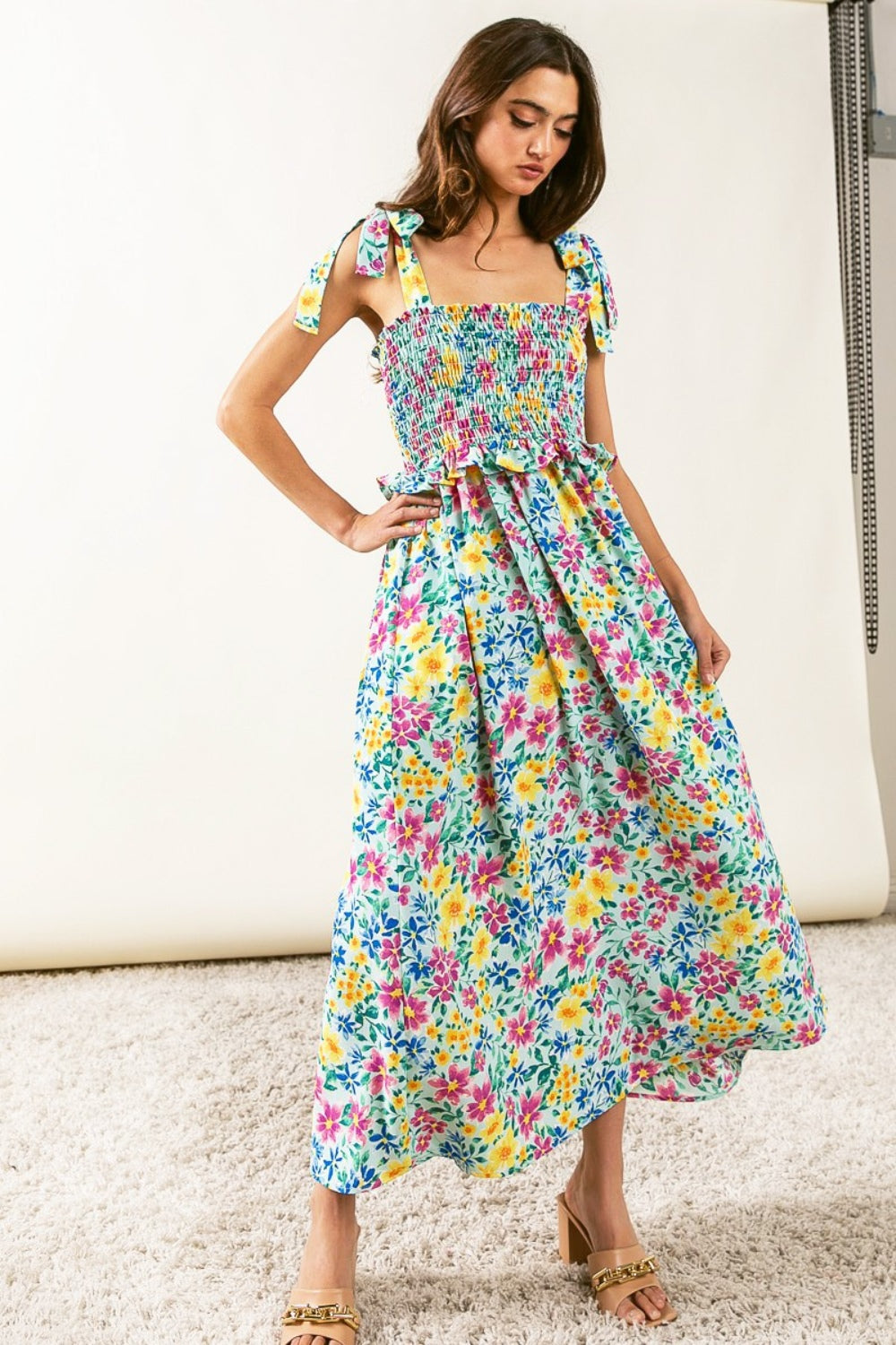 Ruffle Detail Smocked Floral Print Dress
