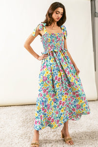 Ruffle Detail Smocked Floral Print Dress