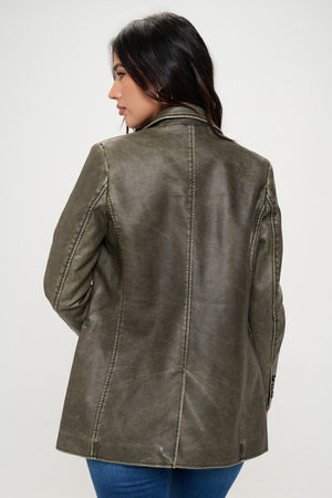 Milena Single-Breasted Vegan Leather Blazer in Olive Brown