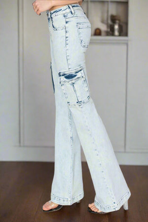 Metro Chic High Rise Cargo Flare Jeans in Acid Light