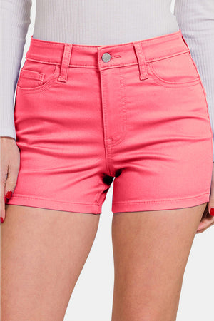 Cool Summer High Rise Denim Shorts in Cream Fuchsia