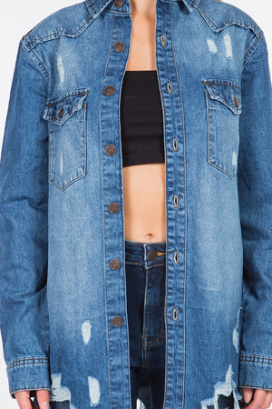 Distressed Button Down Denim Jacket in Blue