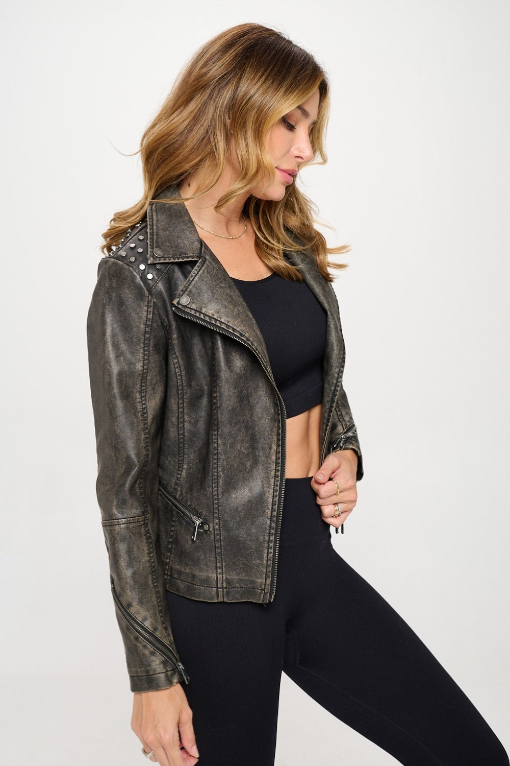 Rock The Studs Moto Vegan Leather Jacket in Ash Brown