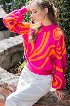 Abstract Print Mock Neck Sweater in Hot Pink & Camel