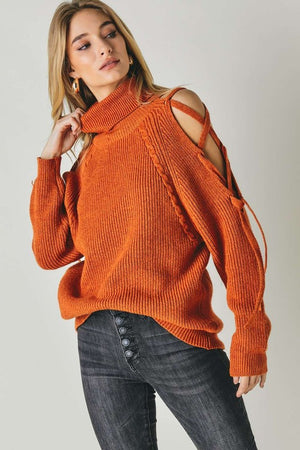 Nora Laced Up Cut-Out Turtle Neck Sweater in Rust & Black