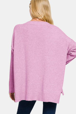 Casual Luxe V-Neck Side Slit Sweater in H. Mauve