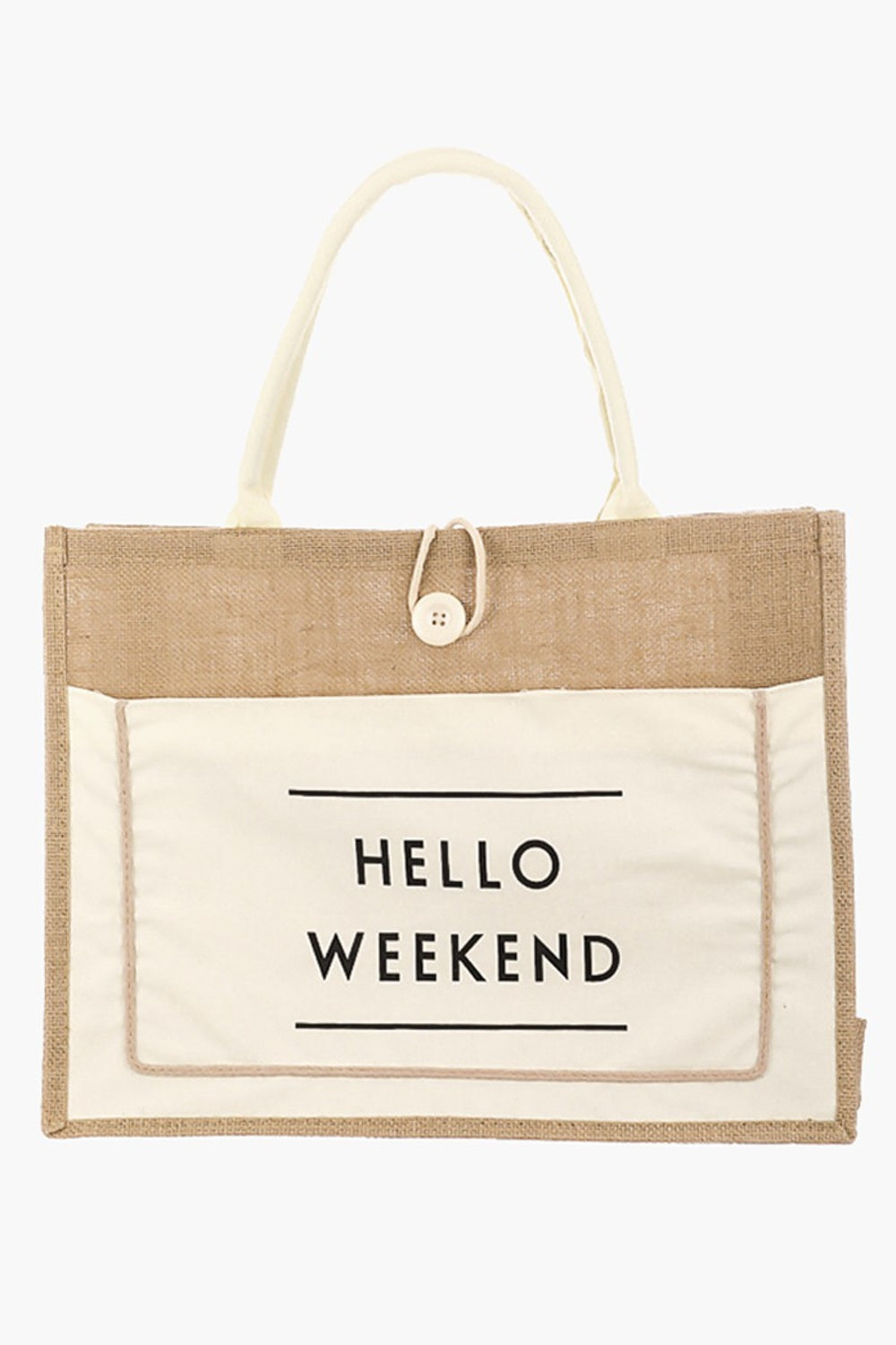 Hello Weekend Burlap Tote Bag in Black, Pink, & Ivory