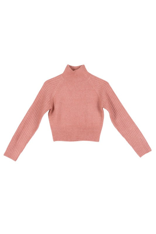 Elevated Cozy Crop Mock Neck Sweater in Pink & Khaki