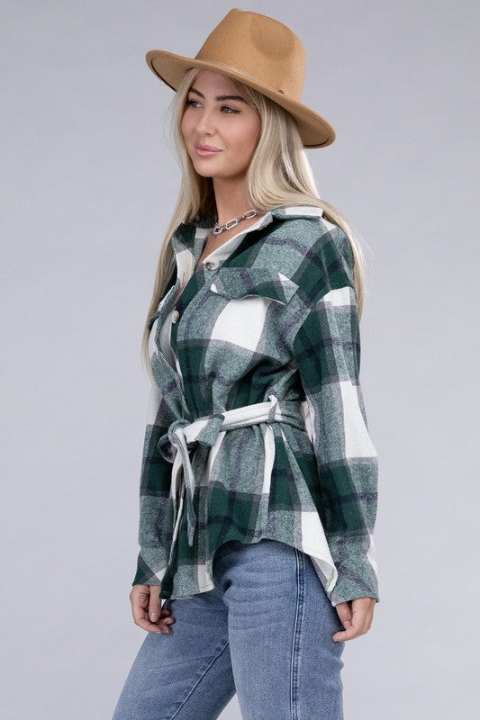 Heading Out Plaid Belted Shacket in Green