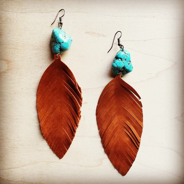 Handmade Tan Suede Feather Earrings with Turquoise Chunks
