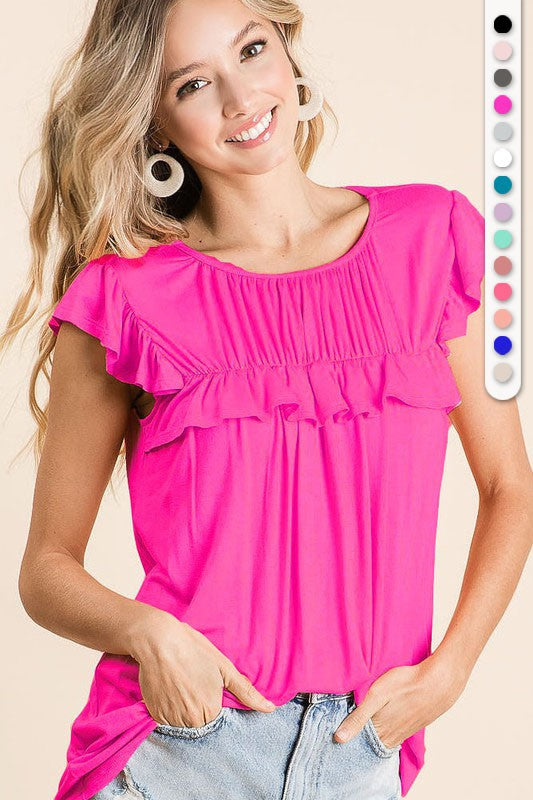 Jazzy Jersey Top With Ruffles in Fuchsia