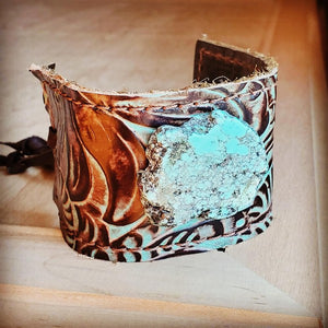Handcrafted Bella Brown Floral Leather Turquoise Cuff