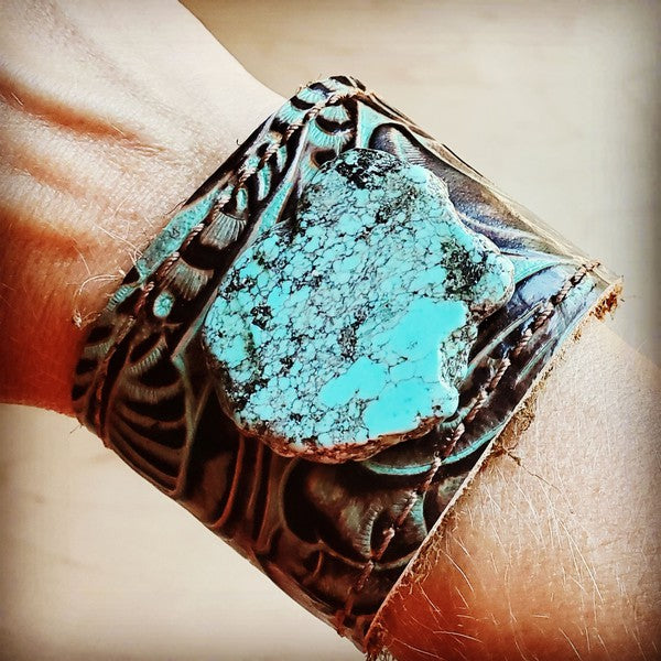Handcrafted Bella Brown Floral Leather Turquoise Cuff