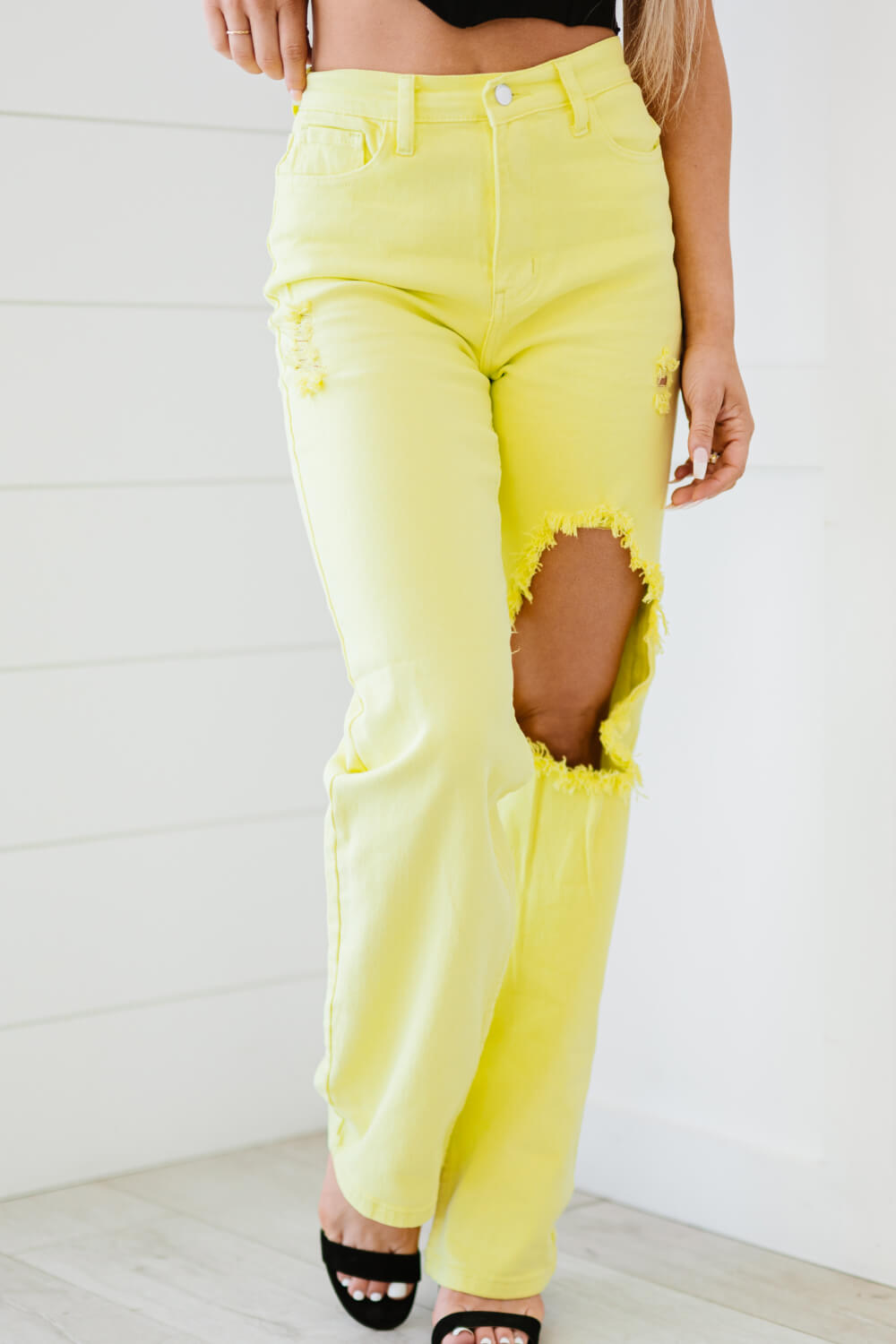 Shine Bright Destroyed Wide Leg Jeans in Neon Lime