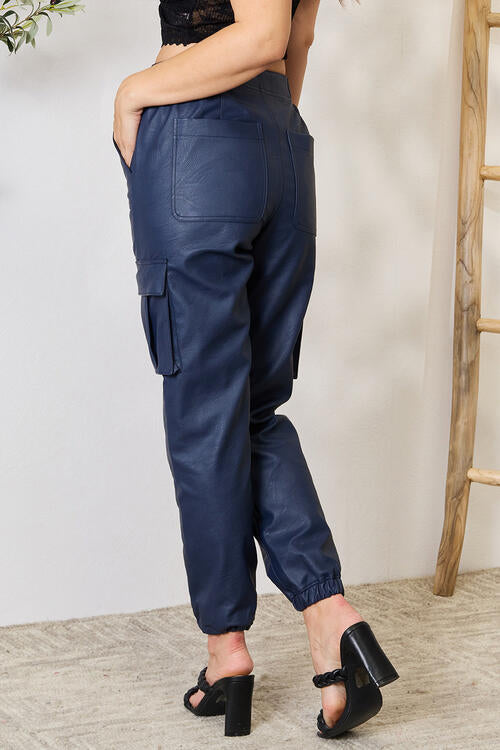 Tyler Faux Leather Cargo Joggers in Navy